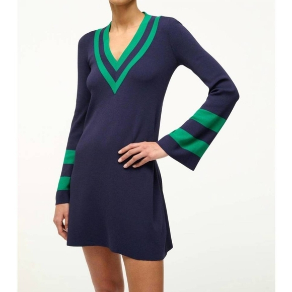 NEW Staud Sunshine Dress Size XL Blue Green Trim Knit Woven Mini Dress - Picture 7 of 15